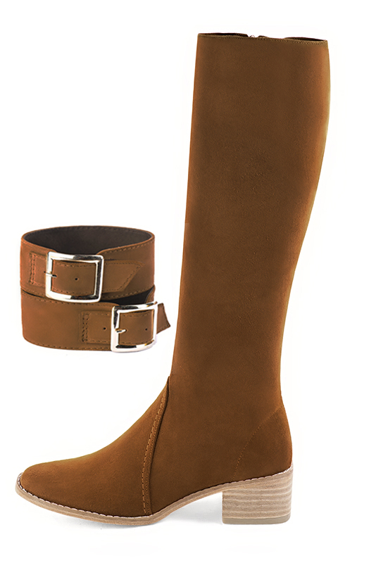 Caramel brown women's calf bracelets, to wear over boots. Top view - Florence KOOIJMAN